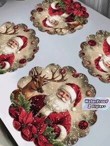 6Pcs /4Pcs Santa Reindeer Christmas Round Placemats 15 Inch Linen Non Slip Heat Resistant Machine Washable Holiday Party Table Decor Home Kitchen Dining Room Christmas Gift - Red - View 1