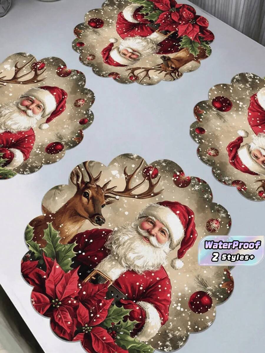 6Pcs /4Pcs Santa Reindeer Christmas Round Placemats 15 Inch Linen Non Slip Heat Resistant Machine Washable Holiday Party Table Decor Home Kitchen Dining Room Christmas Gift - Red - View 1