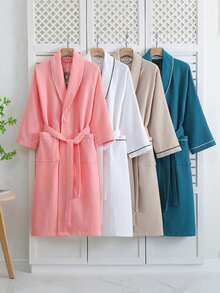 1pc Unisex Pure Cotton Waffle Bathrobe Lightweight Absorbent Quick Dry Spa Robe For Men Women Hotel Home Bathroom Summer Spring Loungewear With Belt Pockets Relaxation Gift - Multicolor New - View 5