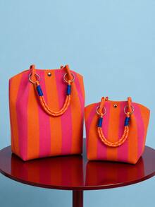 Joivida 1 pezzo Borsa a tracolla lavorata a maglia a righe, con grande capacità, adatta per le donne. Può essere utilizzata come borsa per il pendolarismo o come borsa da viaggio. È adatta per i viaggi. - Multicolore - Visualizzare 3