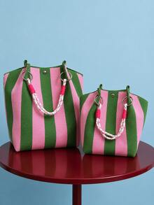 Joivida 1 pezzo Borsa a tracolla lavorata a maglia a righe, con grande capacità, adatta per le donne. Può essere utilizzata come borsa per il pendolarismo o come borsa da viaggio. È adatta per i viaggi. - Multicolore - Visualizzare 5