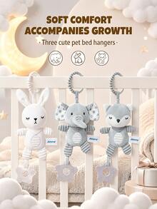 3款床掛吊飾玩具，兔子/大象/狐狸絨毛玩具附牙環，便攜式嬰兒床推車吊掛配件，適合作為嬰兒禮物 - 彩色 - 查看 3