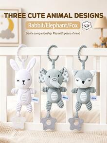 3款床掛吊飾玩具，兔子/大象/狐狸絨毛玩具附牙環，便攜式嬰兒床推車吊掛配件，適合作為嬰兒禮物 - 彩色 - 查看 7
