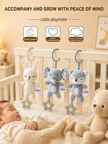 3款床掛吊飾玩具，兔子/大象/狐狸絨毛玩具附牙環，便攜式嬰兒床推車吊掛配件，適合作為嬰兒禮物 - 彩色 - 查看 5