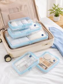 3 Buah Kantong Resleting Transparan PET, Kantong Penyimpanan Plastik Keras Dua Lapis Bening, Wadah Organizer Kosmetik & Mainan Portabel untuk Perjalanan - Biru - View 6