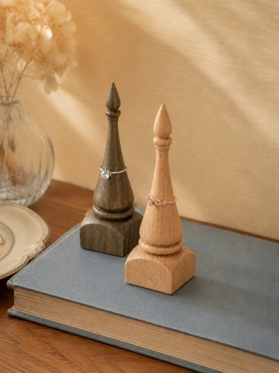 Cirelle Solid Wood Cone Ring Holder, Vintage French Jewelry Display Stand For Rings, Minimal Wooden Desktop Organizer, Vanity Decor Gift - Multicolor - View 1