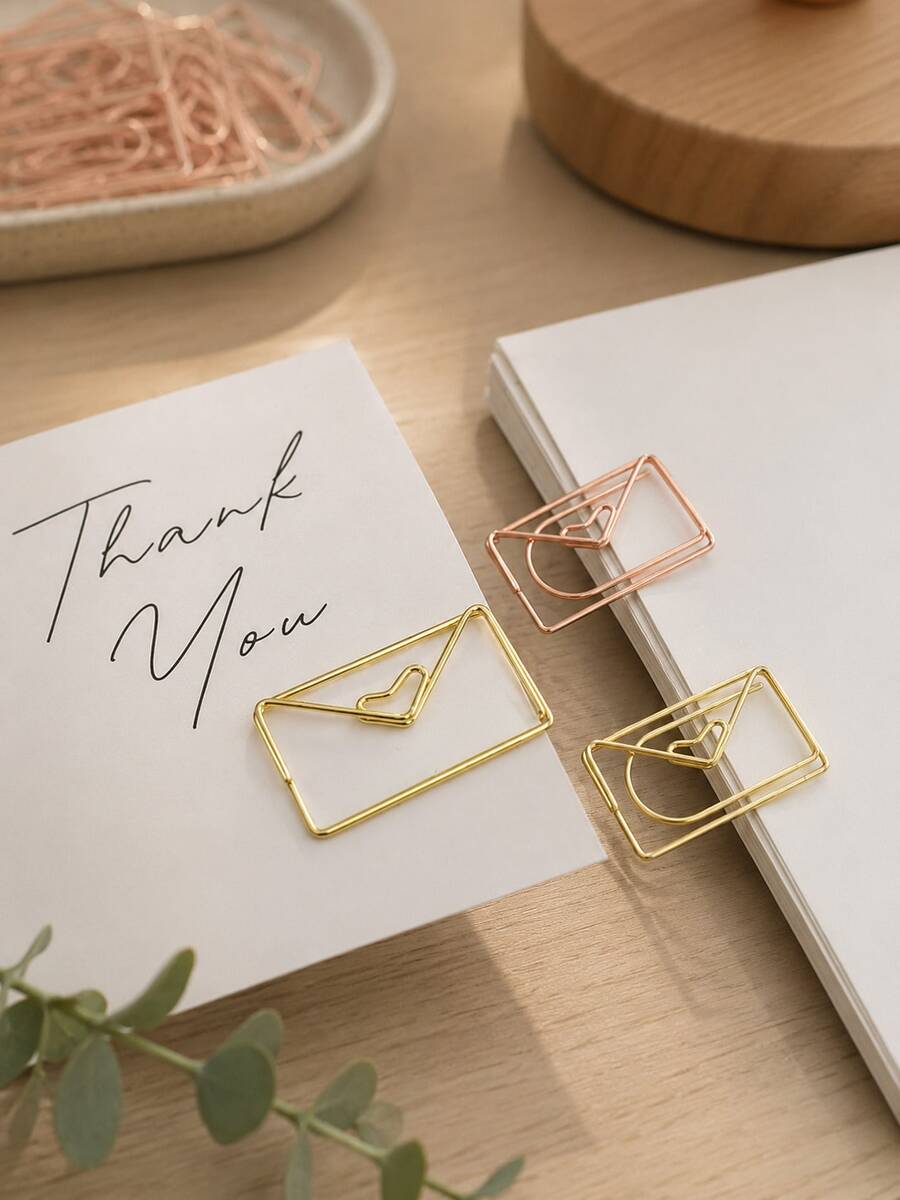 Haus Hana 1/3PCS 3x1.8cm Envelope-Shaped Steel Wire Paper Clip With Heart Detail, Cute Gold Or Rose Gold Decorative Bookmark And Document Holder, Minimalist Stationery Accessory For Planners, Journals, Photos, Notes, Office, School, Scrapbooking And Gifts - View 1