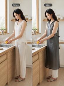 Madebyblanc 1pc Lightweight PU Kitchen Apron, Modern Solid Color Sleeveless Cooking Bib With Cross-Back Or Waist-Tie Design And Practical Pockets, Black Or White Work Apron For Cooking, Baking, Dishwashing, Cleaning, Cafe, Restaurant And Daily Home Use - Multicolor - View 8