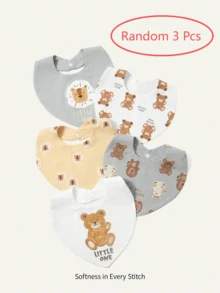 Cozy Pixies 3入組隨機可愛熊印花純棉口水巾 - 彩色 - 查看 1