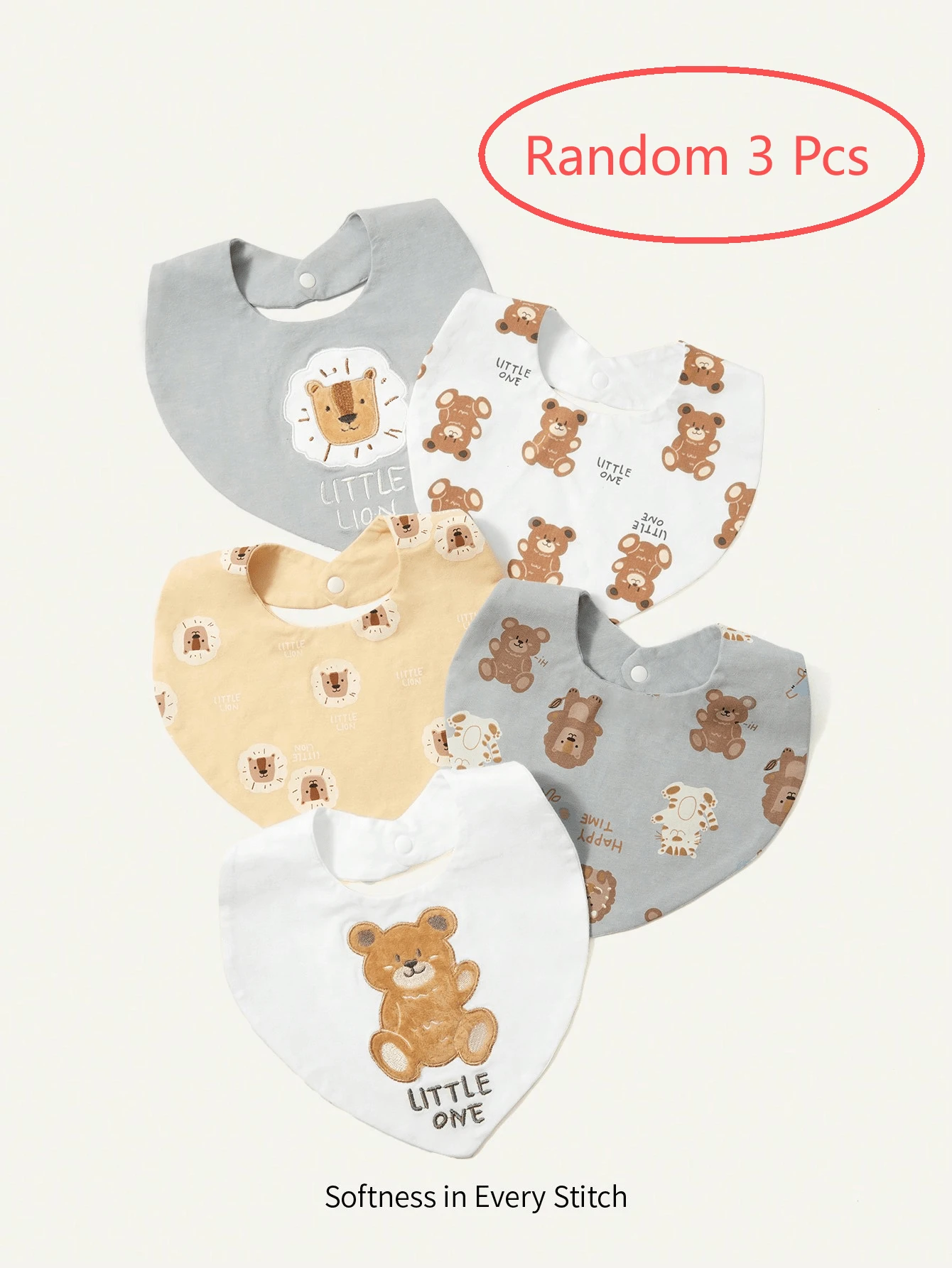 Cozy Pixies 3入組隨機可愛熊印花純棉口水巾 - 彩色 - 查看 1