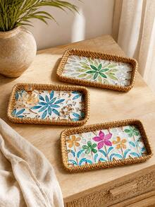 Zazumi 1Pc Rectangular Woven Tray Accent,Unique Vanity Decor, Minimalist Tabletop Decor, Boho Bedroom Home Decor, Ideal Housewarming Perfect Gift For Apartment Living Room Entryway - default - View 5