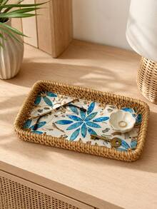 Zazumi 1Pc Rectangular Woven Tray Accent,Unique Vanity Decor, Minimalist Tabletop Decor, Boho Bedroom Home Decor, Ideal Housewarming Perfect Gift For Apartment Living Room Entryway - default - View 6