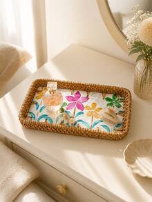 Zazumi 1Pc Rectangular Woven Tray Accent,Unique Vanity Decor, Minimalist Tabletop Decor, Boho Bedroom Home Decor, Ideal Housewarming Perfect Gift For Apartment Living Room Entryway - default - View 2