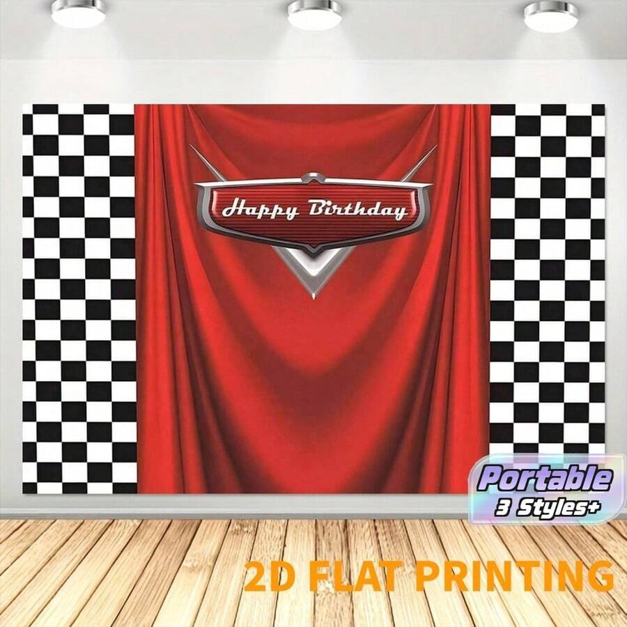 Latar Belakang Dekorasi Tema Ulang Tahun Mobil Merah Kotak-kotak Hitam Putih 2D 1 buah, Latar Belakang Foto Mobil Balap Merah, Spanduk Selamat Ulang Tahun untuk Properti Photobooth - warna-warni - View 1