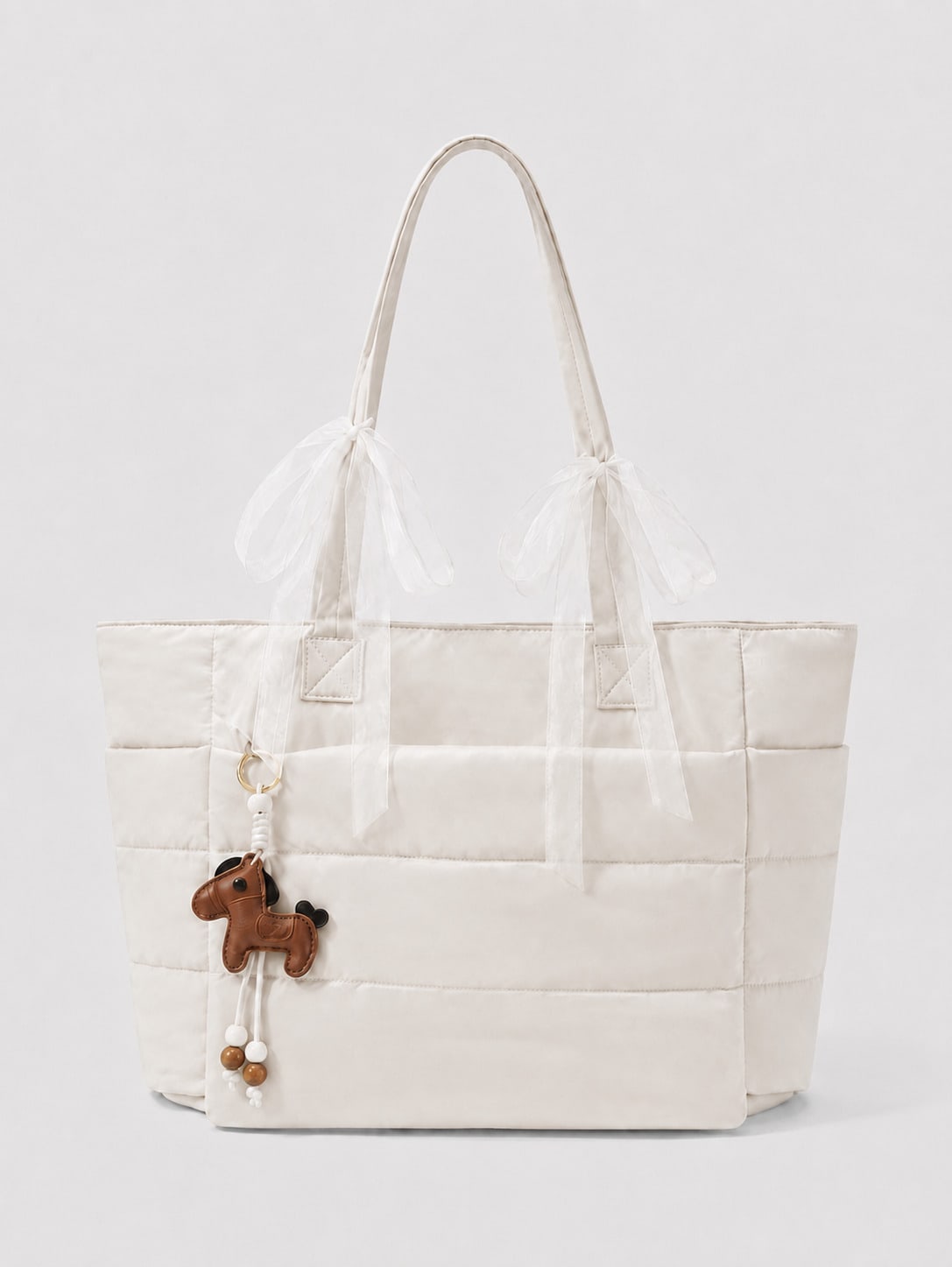 Kawaii Borsa tote semplice beige con fiocco, borsa a mano, borsa a tracolla che può essere agganciata alla valigia, multifunzionale con scomparto interno
