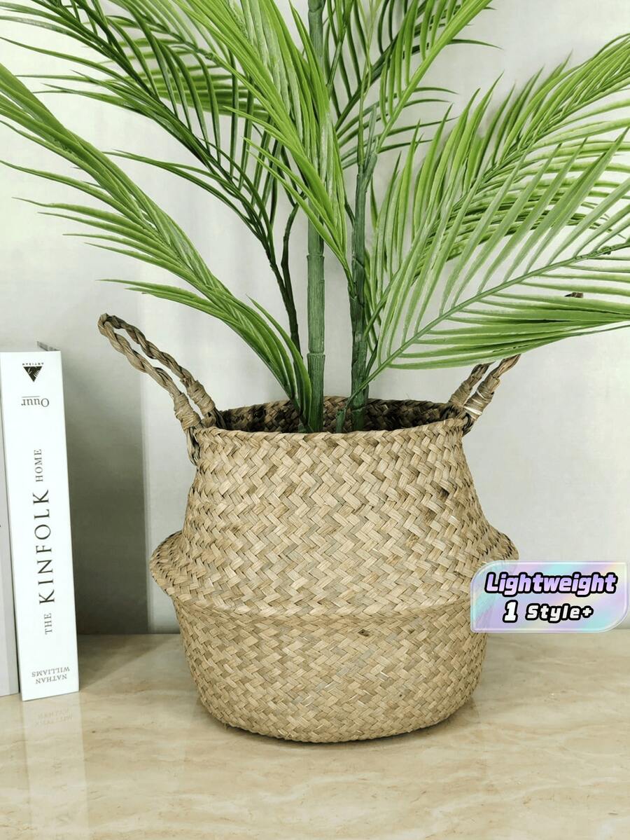 1個手工編織海草收納籃 可折疊植物盆蓋 洗衣籃 圓腹形藤編花盆套 附提把 適用居家花園客廳 波希米亞風裝飾禮品 - 紫紅色 - 查看 1
