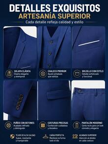 Men's Two-Piece Suit Plus Sizes One-Button, Pants Jacket And Belt Included In Plain Color, Ideal For Weddings Formal Events And Office. - Blue - View 6