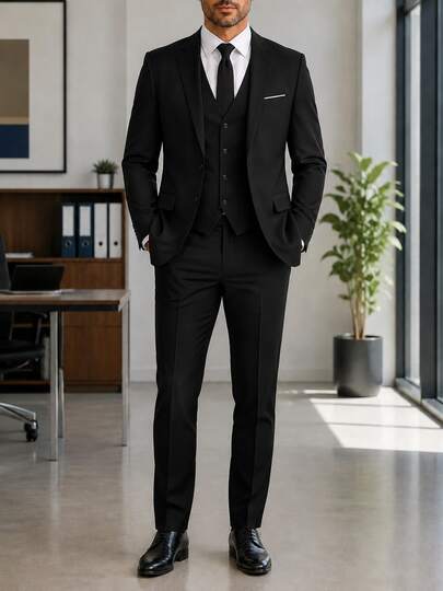 Men's Two-Piece Suit Plus Sizes One-Button, Pants Jacket And Belt Included In Plain Color, Ideal For Weddings Formal Events And Office.