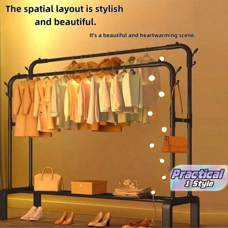 Freestanding Double-Rod Multi-Functional Bedroom Garment Rack, Metal Clothes Organizer & Black Rolling Clothing Rack With Casters For Bedroom Storage, Clothing Display & Minimalist Decor - Multicolor - View 1