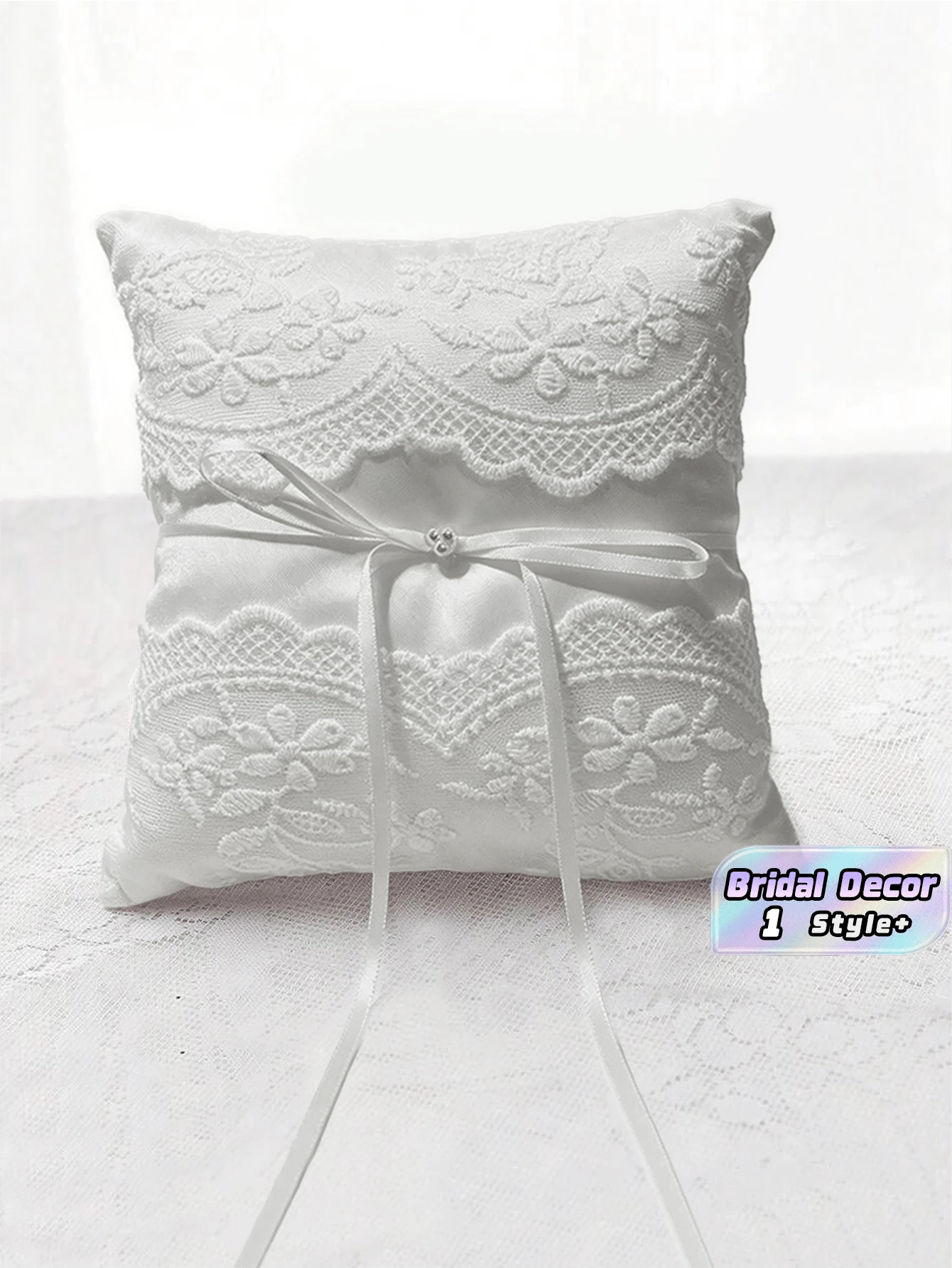 1PC Faux Pearl Bow Ring Bearer Pillow Set Elegant Decorative Cushion For Wedding Ceremony Reception Valentine Day Bridal Shower Engagement Party Home Decor Gift - Beige - View 1