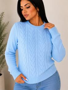 Sueter Jersey de punto casual de cuello redondo con perlas e hilos plateados bonito y calientito con trenzas - Azul Cielo - Ver 2