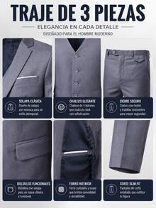 Men's Two-Piece Suit Plus Sizes One-Button, Pants Jacket And Belt Included In Plain Color, Ideal For Weddings Formal Events And Office. - Grey - View 6