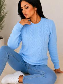 Sueter Jersey de punto casual de cuello redondo con perlas e hilos plateados bonito y calientito con trenzas - Azul Cielo - Ver 1