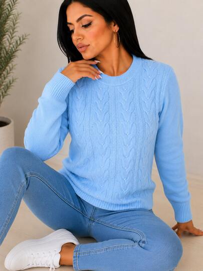 Sueter Jersey de punto casual de cuello redondo con perlas e hilos plateados bonito y calientito con trenzas
