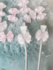 2PCS Plastic Shock-Resistant Data Cable Protector, Pink Bow Pattern, Cute Fashionable Charging Sleeve, Suitable For Daily Use, Travel, And Gift Giving. - multicolor - View 5