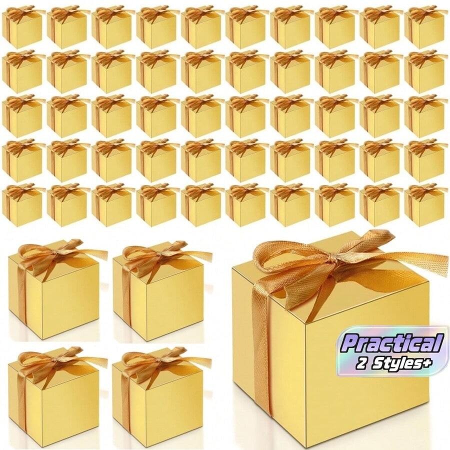 20/50 Wedding Gift Box, Christmas Golden Candy Box, With Ribbon, Paper Empty Square Box, Small Gift Box, With Lid, Suitable For Party Return, Baby Party, Bridal Gift, Handmade, Entertain Guests - Quantity - View 1