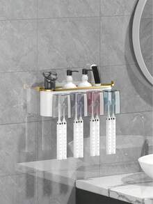 1 Set Wall Mount Toothbrush Holder With 2/3/4 Cups & Toothpaste Dispenser, Punch-Free Creative Bathroom Storage Rack, Convenient Daily Oral Care Organizer For Toothbrush, Toothpaste And Wash Supplies - Multicolor - View 6