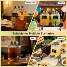 2 Pcs 1 Gallon Glass Beverage Dispenser Set With Black Metal Rack, 304 Stainless Steel Faucet, Detachable Fruit Infuser Tubes And Mini Chalkboards, Large Transparent Juice Iced Tea Container For Home Wedding Outdoor Party - Transparent - View 10