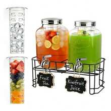 2 Pcs 1 Gallon Glass Beverage Dispenser Set With Black Metal Rack, 304 Stainless Steel Faucet, Detachable Fruit Infuser Tubes And Mini Chalkboards, Large Transparent Juice Iced Tea Container For Home Wedding Outdoor Party - Transparent - View 2