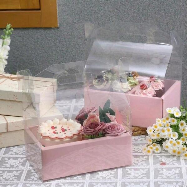 5入透明花卉蛋糕盒，透明禮品包裝盒，花束風甜點展示盒，適用生日、婚禮、母親節及節日