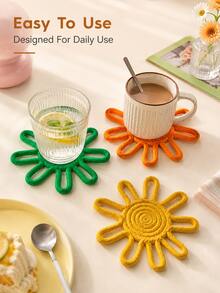 Zazumi 1Pc Hand Woven Sunflower Hollow Out Coaster, Heat Resistant Non-Slip Trivet Pot Mat, 6 Colors Available Creative Flower Shaped Table Protection Cup Pads For Dining Table Coffee Bar Office Desk Picnic Kitchen Home Decor - Multicolor - View 2