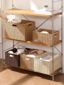 Wicker Baskets For Organizing, Pack Of Nesting Storage Baskets For Shelves, Handwoven Solid Color Storage Box With Handle, Organizer For Desk, TV Stand, Bedroom Wardrobe, Rattan Woven Sundries Organizer Box, Straw Closet Wardrobe Organizer - Multicolor - View 7