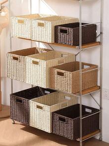 Wicker Baskets For Organizing, Pack Of Nesting Storage Baskets For Shelves, Handwoven Solid Color Storage Box With Handle, Organizer For Desk, TV Stand, Bedroom Wardrobe, Rattan Woven Sundries Organizer Box, Straw Closet Wardrobe Organizer - Multicolor - View 3