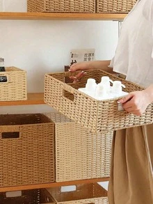 Wicker Baskets For Organizing, Pack Of Nesting Storage Baskets For Shelves, Handwoven Solid Color Storage Box With Handle, Organizer For Desk, TV Stand, Bedroom Wardrobe, Rattan Woven Sundries Organizer Box, Straw Closet Wardrobe Organizer - Multicolor - View 6