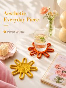 Zazumi 1Pc Hand Woven Sunflower Hollow Out Coaster, Heat Resistant Non-Slip Trivet Pot Mat, 6 Colors Available Creative Flower Shaped Table Protection Cup Pads For Dining Table Coffee Bar Office Desk Picnic Kitchen Home Decor - Multicolor - View 6