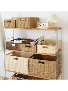 Wicker Baskets For Organizing, Pack Of Nesting Storage Baskets For Shelves, Handwoven Solid Color Storage Box With Handle, Organizer For Desk, TV Stand, Bedroom Wardrobe, Rattan Woven Sundries Organizer Box, Straw Closet Wardrobe Organizer - Multicolor - View 9