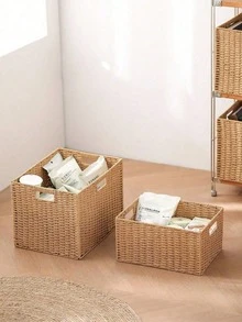 Wicker Baskets For Organizing, Pack Of Nesting Storage Baskets For Shelves, Handwoven Solid Color Storage Box With Handle, Organizer For Desk, TV Stand, Bedroom Wardrobe, Rattan Woven Sundries Organizer Box, Straw Closet Wardrobe Organizer - Multicolor - View 8