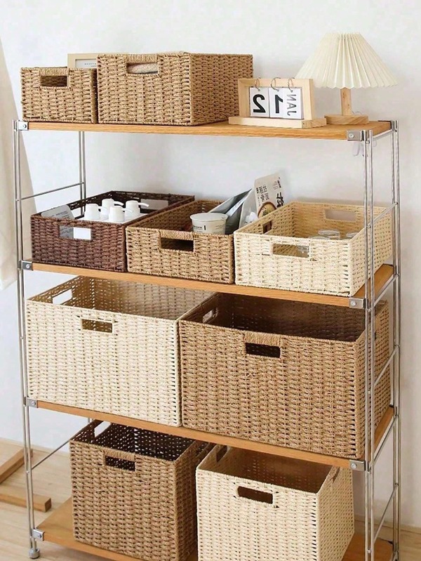 Wicker Baskets For Organizing, Pack Of Nesting Storage Baskets For Shelves, Handwoven Solid Color Storage Box With Handle, Organizer For Desk, TV Stand, Bedroom Wardrobe, Rattan Woven Sundries Organizer Box, Straw Closet Wardrobe Organizer