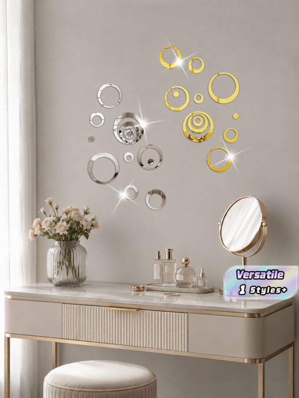 24Pcs Silver & Gold Round Acrylic Mirror Wall Stickers, Self-Adhesive Geometric Circle Mirror Decals, Versatile DIY 3D Wall Decor For Bedroom Living Room Entrance Bathroom Home