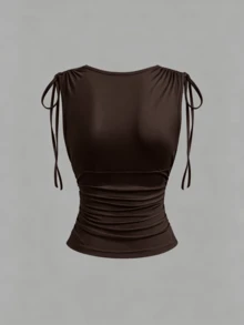 Sweetra Women's V-Neck Contrast Lace Drawstring Tank Top, Versatile For Daily Wear, Sexy And Elegant, Casual Vacation Style - Coffee Brown - View 2
