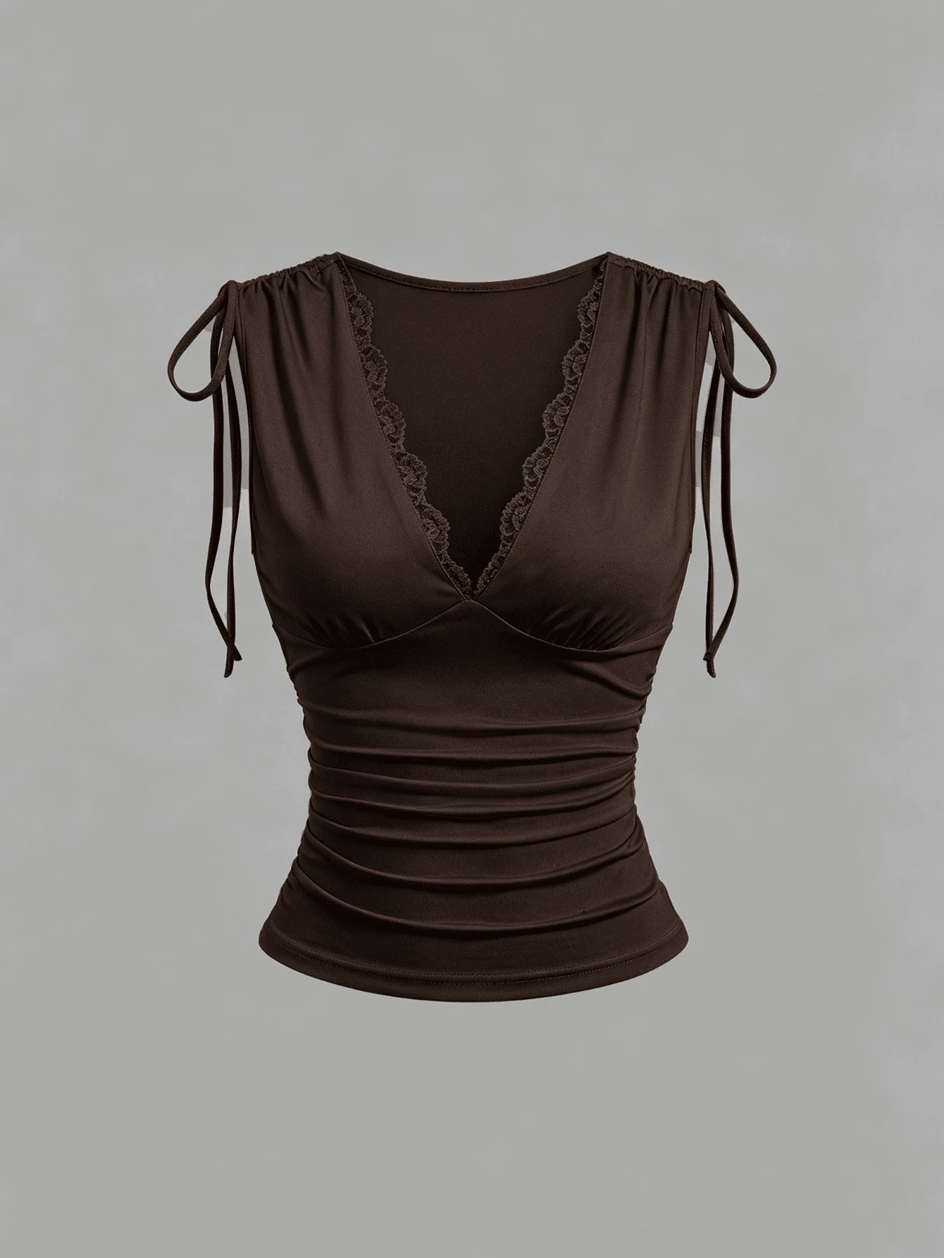 Sweetra Women's V-Neck Contrast Lace Drawstring Tank Top, Versatile For Daily Wear, Sexy And Elegant, Casual Vacation Style - Coffee Brown - View 1