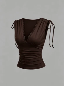 Sweetra Women's V-Neck Contrast Lace Drawstring Tank Top, Versatile For Daily Wear, Sexy And Elegant, Casual Vacation Style - Coffee Brown - View 7