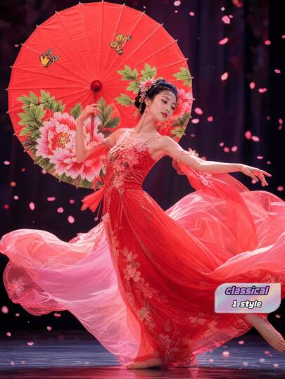 1pc Chinese Classical Oil Paper Umbrella, Stage Performance Flower Umbrella, Silk Rainproof Dance Prop Umbrella, Flower Bamboo Umbrella, Wedding Party Decoration, Home And Courtyard Ceiling Decoration