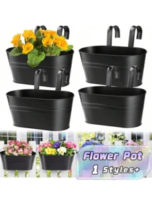 4入大號掛式花盆 耐用金屬鐵製壁掛植栽桶 附可拆卸掛鉤，適用欄杆、圍欄、陽台、庭院、花園室內裝飾 - 黑色 - 查看 1