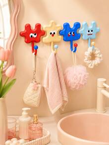 Zazumi 4pcs Cute Cartoon Puzzle Shape Self-Adhesive Wall Hooks, No Drill Colorful Decorative Sticky Hooks For Keys Bags Hanging - default - View 8
