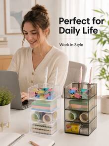Haus Hana Clear Stackable Desktop Storage Box, Minimalist Stationery & Sundry Organizer For Sticky Notes, Pens, Clips, Cards, Books, Office Supplies, Home Workspace, Desk, Shelf, Bedroom, Daily Organization & Housewarming Gift - Multicolor - View 11